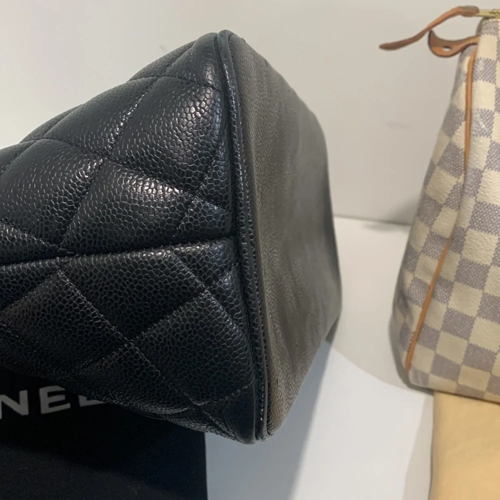 CHANEL Caviar Leather Black Quilted Silver Medallion Tote Bag Classic Luxury Y2K